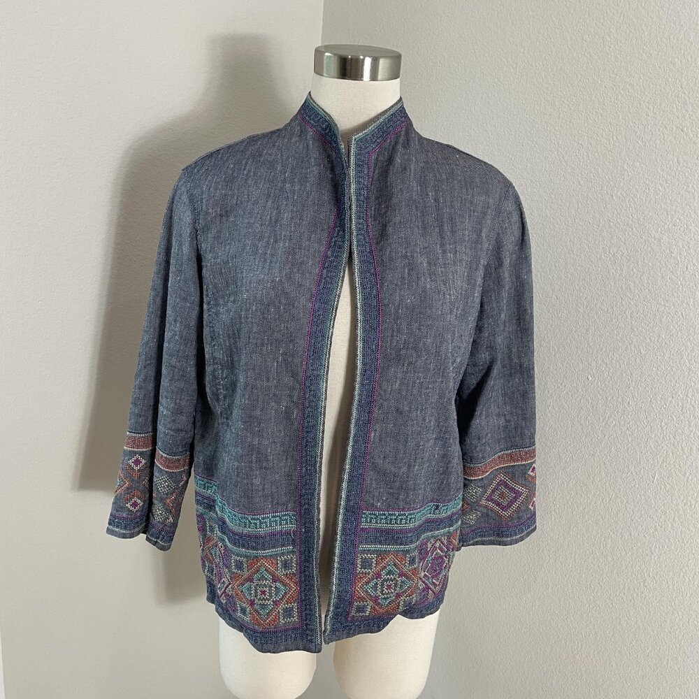 Sigrid Olsen Signature Jacket Womens Small Blue Linen Blend Boho Embroidered‎
